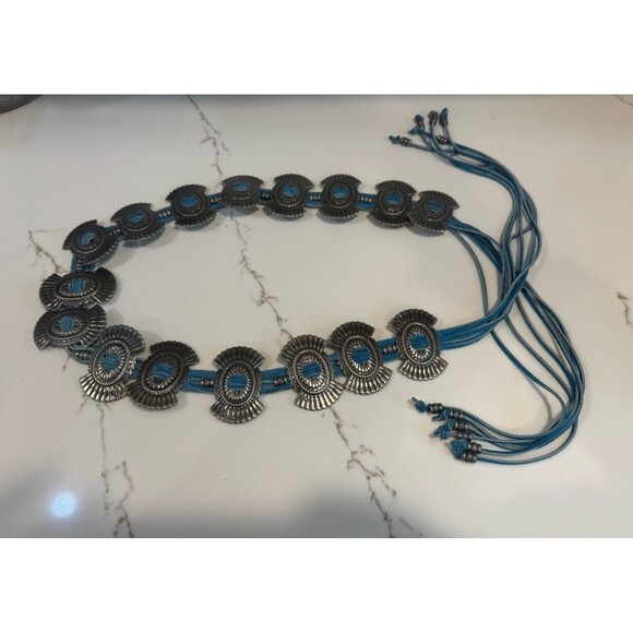 Boho Southwestern-styles silver concho belt turquoise fringe inlay OS fits all main image 8